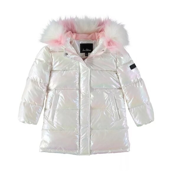 NEW Sam Edelman Little Kid Girl Quilted Iridescent Faux Fur Trim Puffer Jacket - Picture 5 of 5